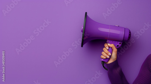 A hand is shown holding a megaphone against an purple background, symbolizing communication or announcement. The image is dynamic and attention-grabbing, with copy space