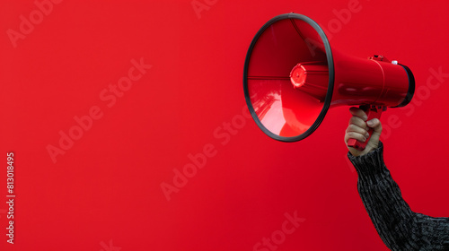 A hand is shown holding a megaphone against an red background, symbolizing communication or announcement. The image is dynamic and attention-grabbing, with copy space photo