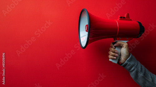 A hand is shown holding a megaphone against an red background, symbolizing communication or announcement. The image is dynamic and attention-grabbing, with copy space
