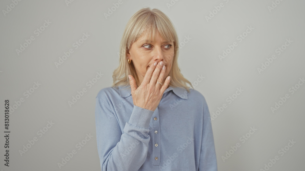 Surprised blonde woman in blue shirt covering mouth against white background Surprised blonde woman in blue shirt covering mouth against white background