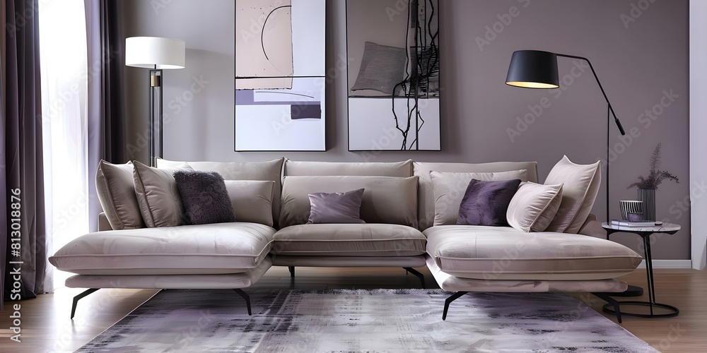 Fototapeta premium Elegant Beige Velvet Sofa and Floor Lamp in Modern Living Room. Concept Luxury Decor, Home Interior, Elegant Furniture, Beige Color Palette, Modern Design