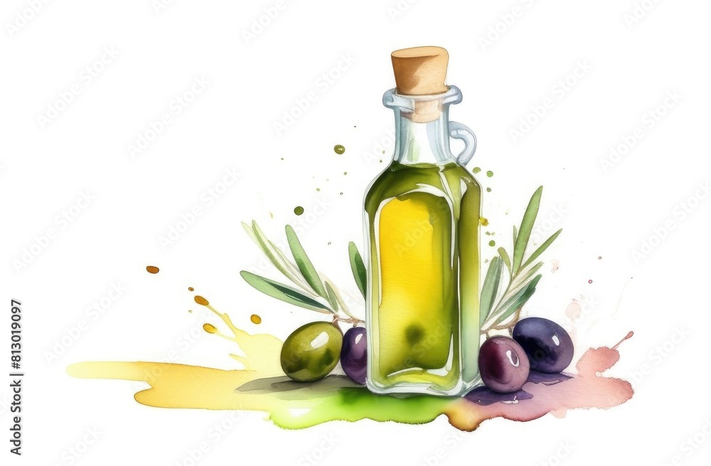 Green olive in glass bottle, olives brunch .Food picture. Watercolor hand drawn illustration. Green olive in glass bottle, olives brunch .Food picture. Watercolor hand drawn illustration.