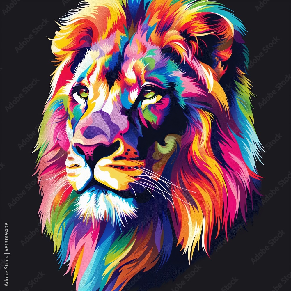 Colorful lion illustration isolated on black background