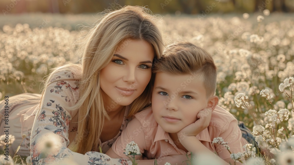 Mother and her son lying down on the beautiful spring field in the sunny park. Concept of the interesting of literature and family leisure. Mother and her son lying down on the beautiful spring field in the sunny park. Concept of the interesting of literature and family leisure.