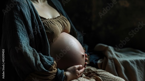 A pregnant woman wearing a brown dress is holding her belly. She is wearing a shawl and sitting on a bed. The room is dimly lit.