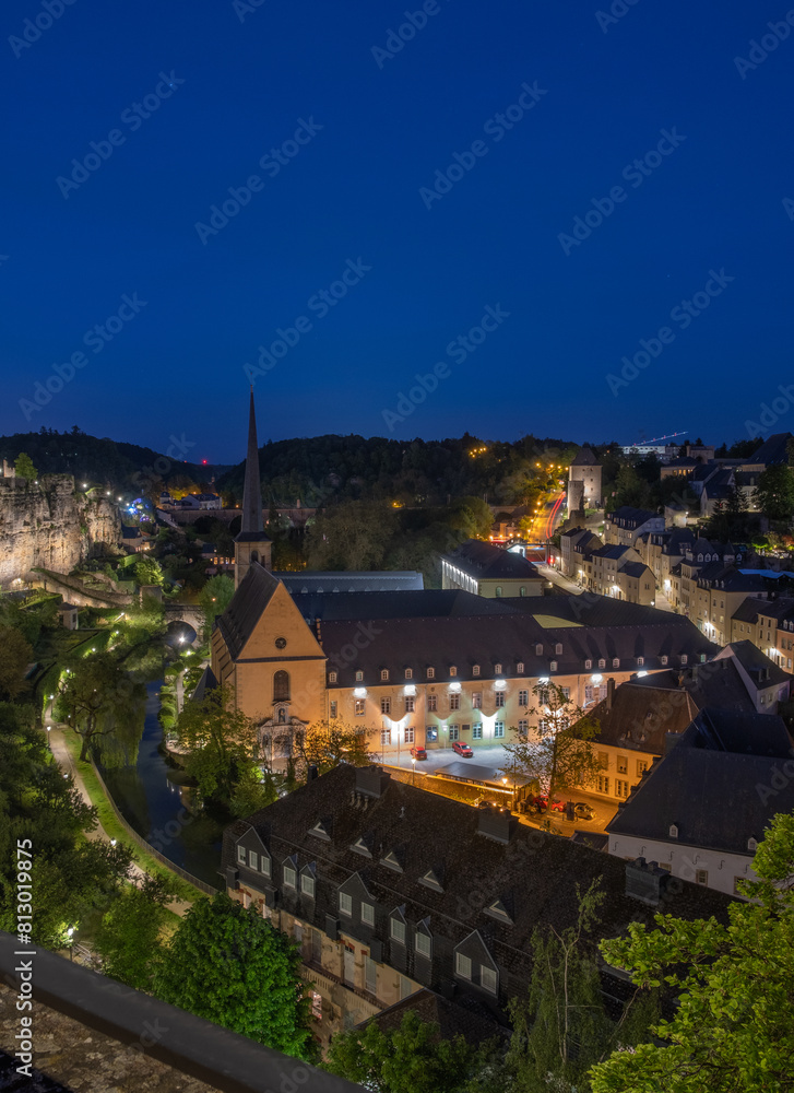 View of the architecture and the city of Luxembourg at night