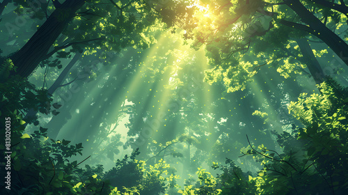Flat Design Backdrop  Ancient Woodland Canopy Concept   Sunlight Filters Through Dense Canopy of Old Growth Forest  Highlighting Timeless Beauty   Flat Illustration