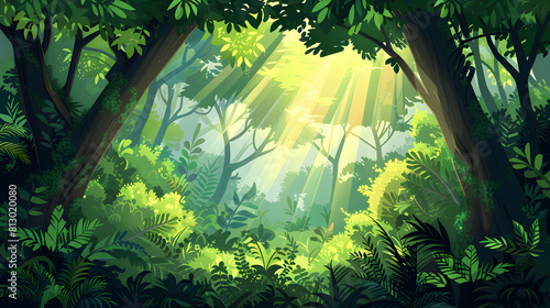 Ancient Woodland Canopy  Sunlight Filters Through Dense Forest   Flat Design Backdrop Showcase Timeless Beauty