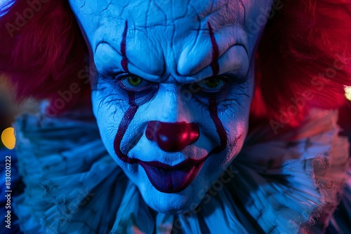 Closeup of a sinister clown face with dramatic blue and red lighting, evoking fear and suspense photo