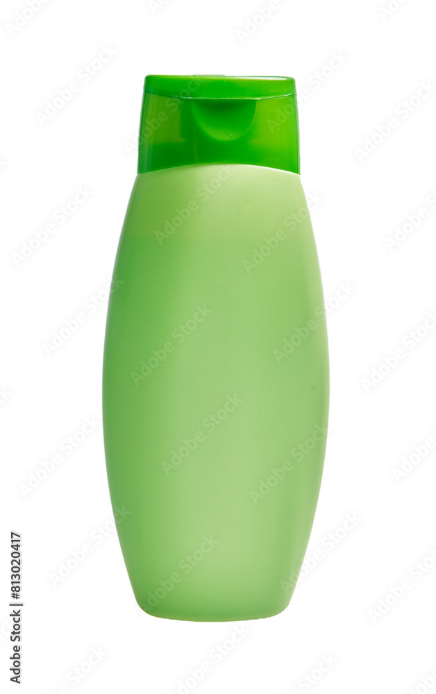 A green plastic shampoo bottle isolated on a white background. A green plastic shampoo bottle isolated on a white background.