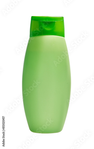 A green plastic shampoo bottle isolated on a white background.