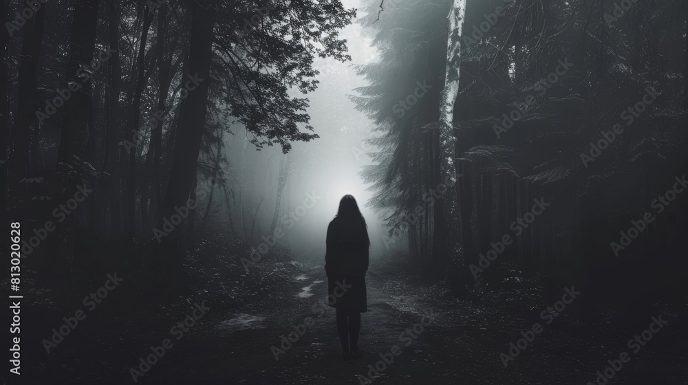 Fototapeta premium A woman walks through a dark forest