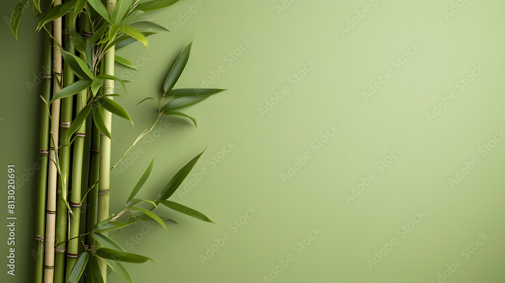 Fototapeta premium Green bamboo foliage against a pale green background, ideal for customization