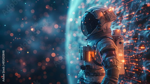 An astronaut clad in a modern space suit equipped with futuristic gear explores a shimmering cosmic environment