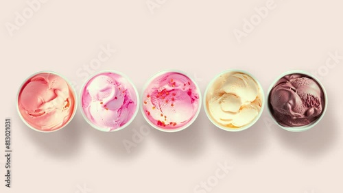 Ice cream row assortment multicolored top view turning around dessert summer sweets tasty unhealthy food refreshing cool