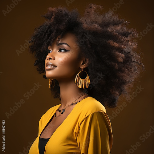 side view of strong black woman female leader with afro in yellow top and ear rings all smiles looking beautiful 