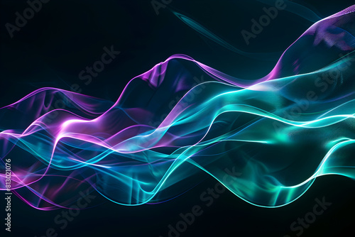 Electric neon waves shimmering in teal and purple. A captivating design on black background.