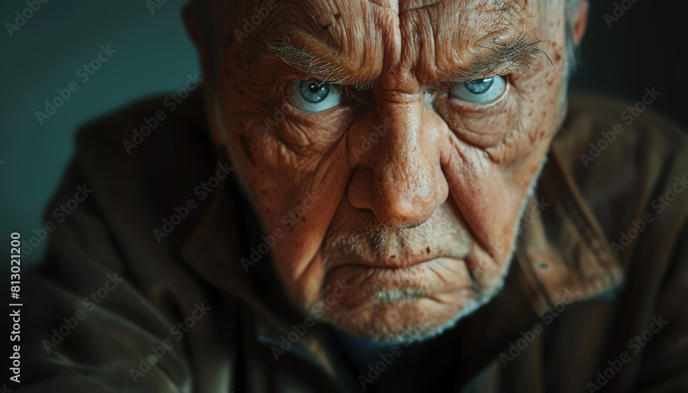 Angry senior man looking directly at the camera, his face expressing frustration and defiance Angry senior man looking directly at the camera, his face expressing frustration and defiance