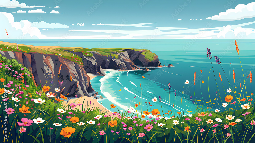 Vibrant Spring Wildflowers on Coastal Cliffs: Flat Design Backdrop Adds Color to Seaside Landscape   Flat Illustration Concept