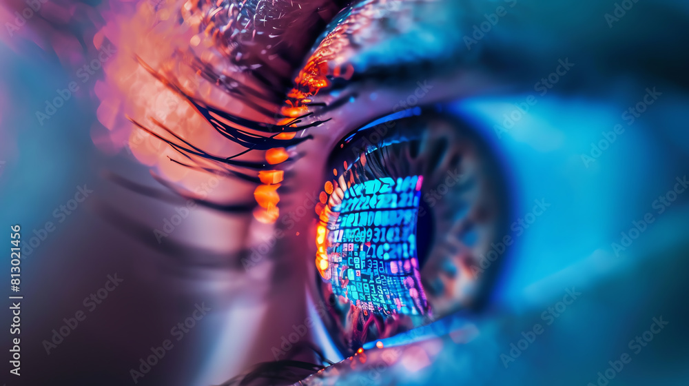 The image shows an eye with a reflection of a binary code in it. The ...