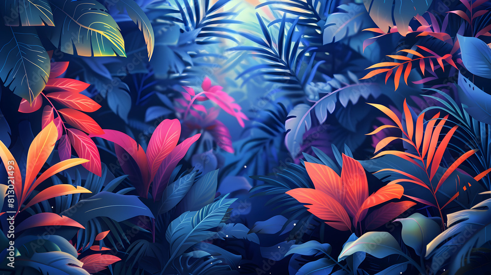 Exotic Wildlife in Rainforest: A flat design backdrop celebrating nature s resilience with thriving wildlife among lush tropical undergrowth Exotic Wildlife in Rainforest: A flat design backdrop celebrating nature s resilience with thriving wildlife among lush tropical undergrowth