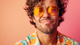 portrait chic man winking and showing a cheeky, funny face, set against a pastel background. This image exudes a sense of playfulness and style, conveying a lighthearted and fashionable vibe.
