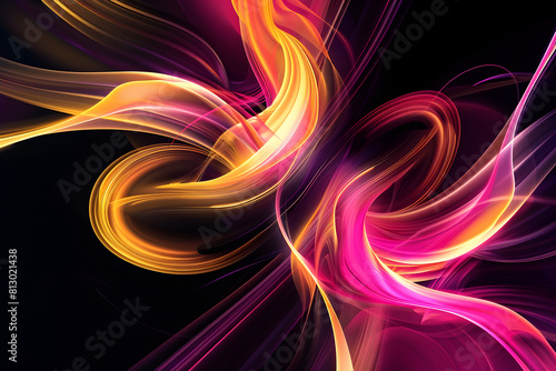 Futuristic magenta and yellow abstract neon swirls design. Glowing shapes on black background.