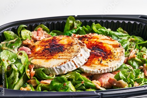 Close-up of a salad with grilled goat cheese, bacon, and spinach in a black takeout container.