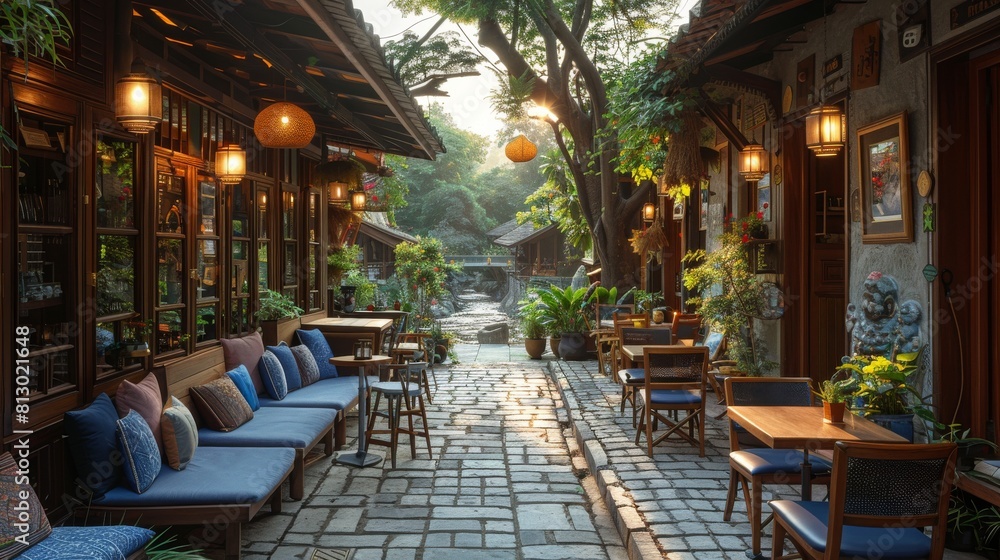 Secluded alley cafe with inviting warm lighting and comfortable seating on a traditional cobblestone path Secluded alley cafe with inviting warm lighting and comfortable seating on a traditional cobblestone path