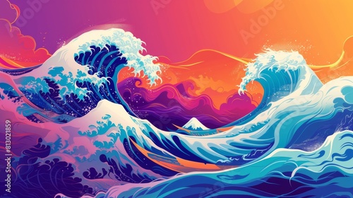 Turbulent waves in a cartoon style, with bold lines and vibrant colors that convey the excitement and power of the sea photo