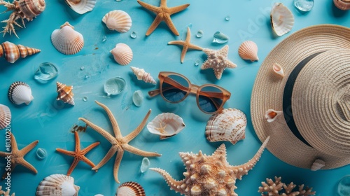 Sun glasses  seashells  part of a hat and starfish. Live coral background. Flat lay. Travel concept. summer day