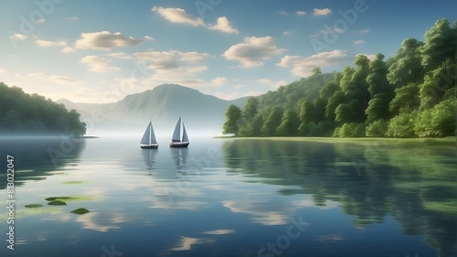  A lone sailboat gliding across the still waters of a tranquil lake, surrounded by lush greenery. 