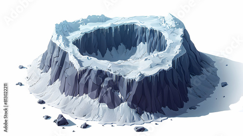 Frozen Crater Atop Dormant Volcano: Icy Cover Over Dark Volcanic Rock Isometric Flat Design Backdrop Concept Illustration