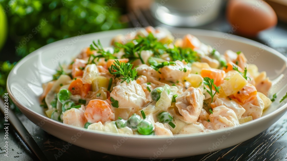 The cuisine of Kazakhstan. Vegetable salad with chicken in Kazakh.