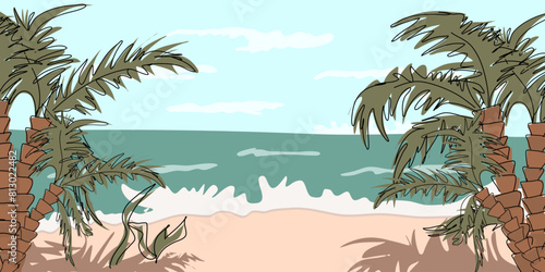 Bright summer vector illustration with sea  sky  clouds  palm trees and sand in doodle style. Perfect for visualizing summer mood