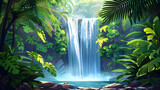 A Serene Escape: Hidden Waterfall in Rainforest   Flat Design Backdrop Concept