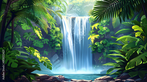 A Serene Escape  Hidden Waterfall in Rainforest   Flat Design Backdrop Concept