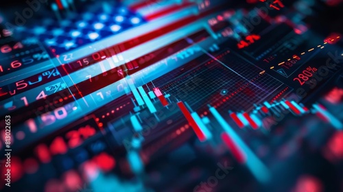 A digital stock ticker displaying finance data with a USA flag background, top view, showcasing market trends, cybernetic tone, vivid