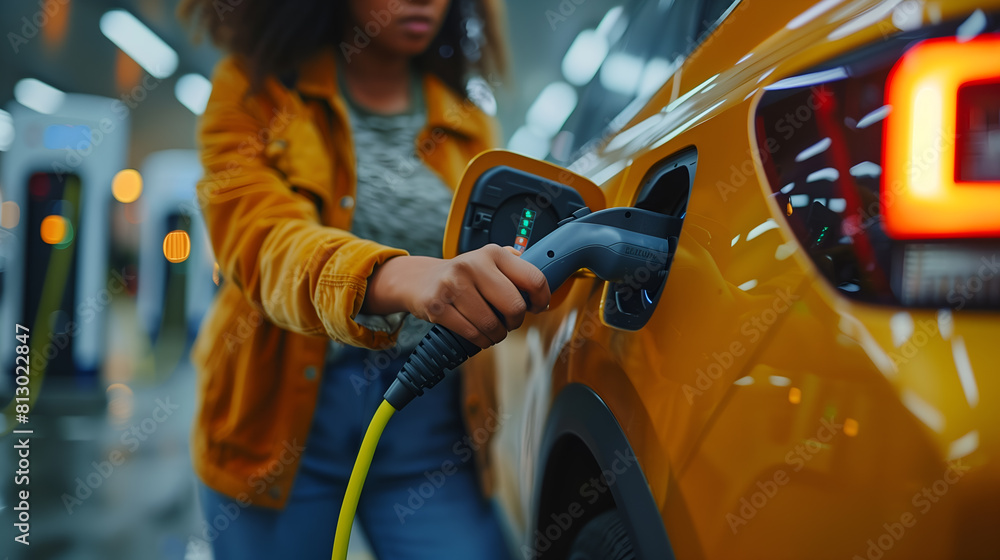 Naklejka premium Closeup hand woman recharge electric car