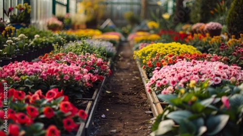 Wallpaper Mural A garden center with rows of flowering plants, front view, illustrating spring bloom, futuristic tone, Analogous Color Scheme Torontodigital.ca