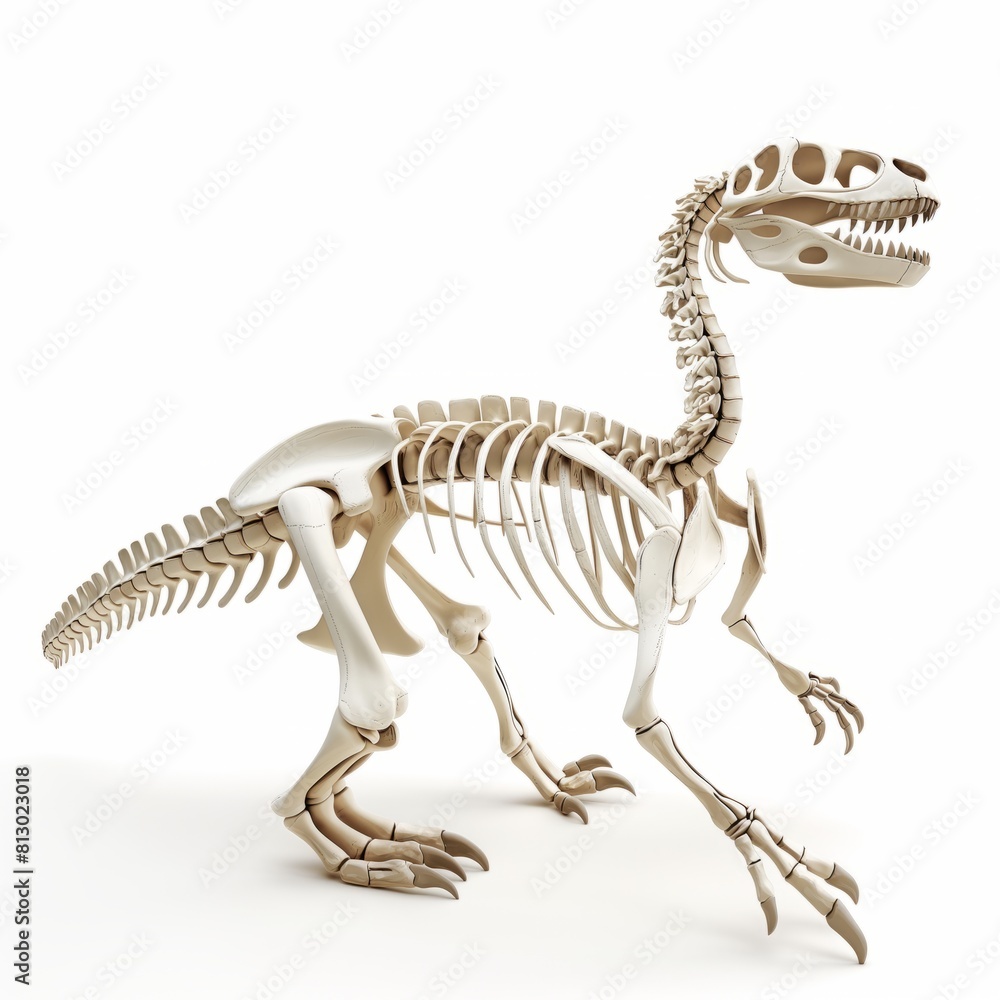 Dinosaur skeleton, full-length, on a white background, 3d, illustration, cartoon style. Dinosaur skeleton, full-length, on a white background, 3d, illustration, cartoon style.