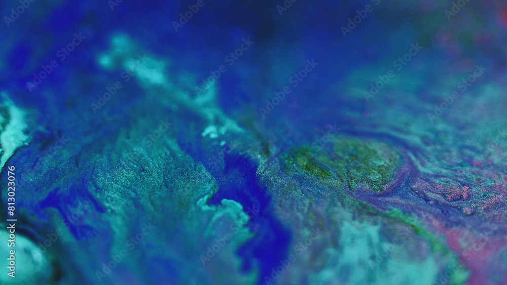Fototapeta premium Paint wave. Acrylic blend. Blur blue green pink color sparkling texture emulsion ink fluid mix flow abstract art background.