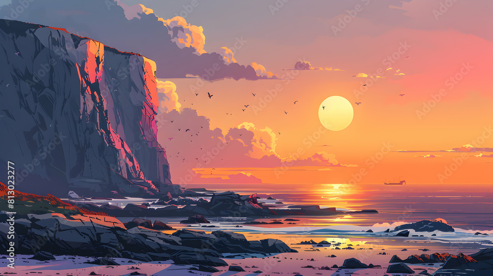 Golden Glow Over Majestic Coastal Cliffs: Sunset Concept in Flat Illustration Design