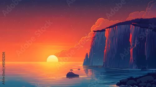 Golden Glow: Majestic Coastal Cliffs at Sunset   A flat design backdrop concept capturing the beauty of the sun setting behind stunning coastal cliffs, illuminating the rugged shor photo