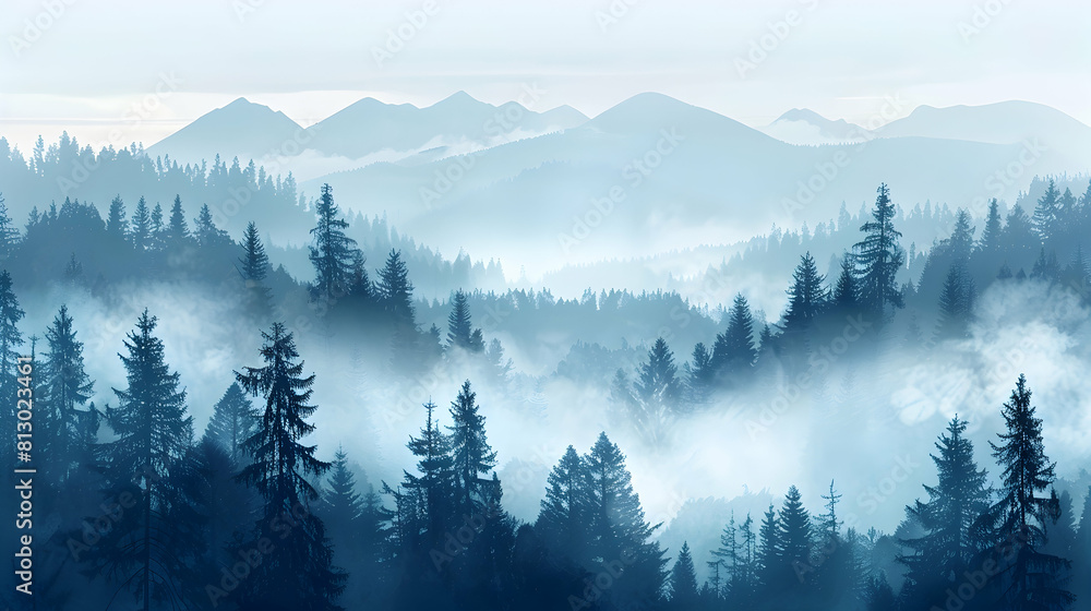 Misty Morning: Enhancing the Mysterious Aura of Old Growth Forest   Flat Design Backdrop Concept