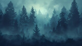 Misty Morning in Old Growth Forest   A Mystical and Ancient Design Concept for Flat Illustration Backdrop