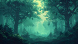 Misty Morning Magic: Enchanting Old Growth Forest Backdrop with Flat Design Illustration