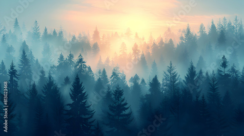 Mysterious Misty Morning in Old Growth Forest   A Captivating Flat Design Backdrop Illustration photo
