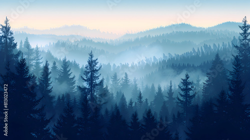 Misty Morning Enhancing Ancient Allure of Old Growth Forest Flat Design Backdrop Concept