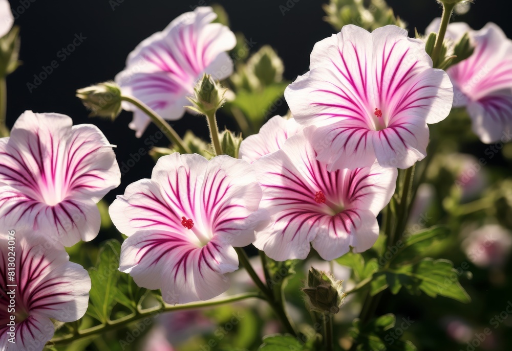 Zebra Mallow white and purple hue blooming in a beautiful flower garden Zebra Mallow white and purple hue blooming in a beautiful flower garden